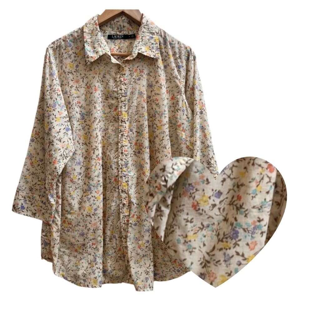 Lauren Ralph Lauren Ditsy Floral Print Semi Sheer Button Blouse Size 1X Country